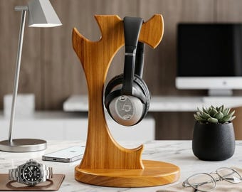 Solid Golden Teak Wood Headphone Stand, Geometric Minimalist Desk Holder