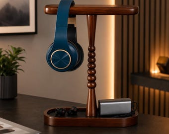 Dual Solid Wood Headphone Stand with Storage Base, Modern Desk Organizer