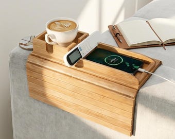 Bamboo Sofa Armrest Tray with Cup Holder, Couch Organizer for Living Room