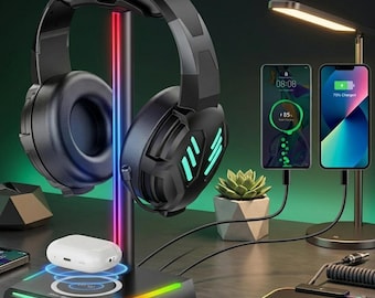 RGB Gaming Headphone Stand with Wireless Charger, USB Ports