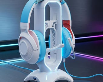 RGB Headphone Stand, Gaming Desk Holder, 2 USB Ports, Silicone Support