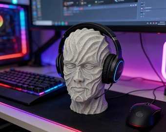 Artistic Human Headphone Stand, Faux Stone Sculpture, 3D Printed Desk Decor