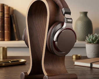 Walnut Birch Wood Headphone Stand, Minimalist Desk Headset Holder