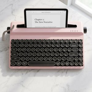 May include: A light pink wireless keyboard designed to resemble a vintage typewriter, featuring round black keys with white lettering. A tablet is docked in the rear slot, displaying the text Chapter 1: The New Narrative on its screen.
