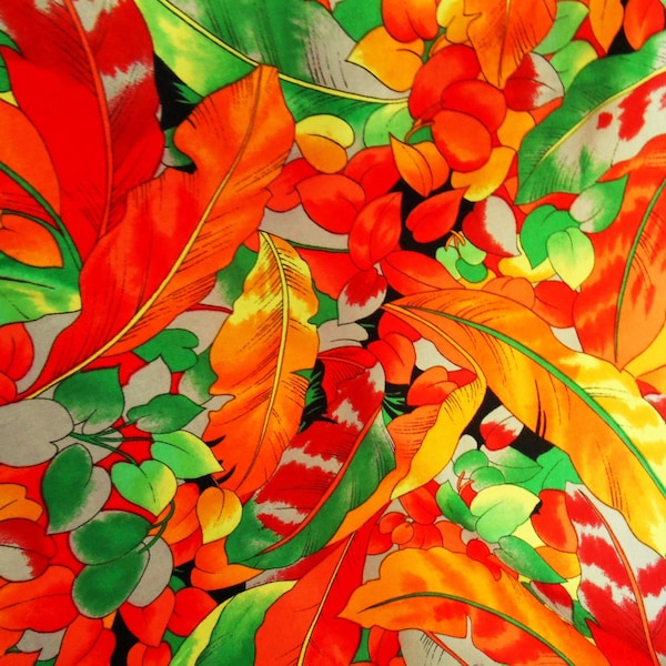 Quilting Fabric, Cotton Fabric, Red, Orange, Gold, Yellow, Blue Grey, Leaves, Fruit, In An Allover Print, 30 1/2" x 23", Remnant