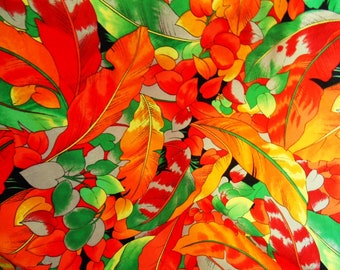 Quilting Fabric, Cotton Fabric, Red, Orange, Gold, Yellow, Blue Grey, Leaves, Fruit, In An Allover Print, 30 1/2" x 23", Remnant