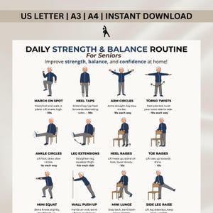 Op de afbeelding: Een afdrukbare oefenroutine voor senioren, met illustraties van verschillende oefeningen. De tekst bovenaan luidt "DAILY STRENGTH & BALANCE ROUTINE For Seniors". Oefeningen omvatten marcheren, hieltikken, armcirkels, torso twists, enkelcirkels, beenextensies, etc.