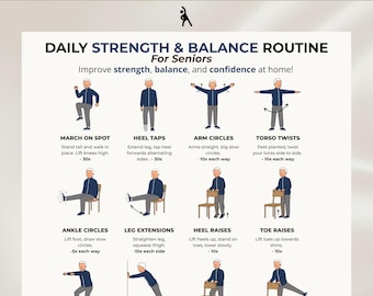Ejercicios de fuerza y equilibrio para personas mayores (PDF imprimible) / Tabla de ejercicios sentados y de pie / Ejercicios para la prevención de caídas / Póster de ejercicios para personas mayores