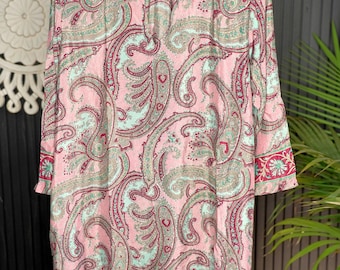Blusa túnica de seda reciclada, talla única, Ibiza Boho Rose Mint, estampado paisley grande.