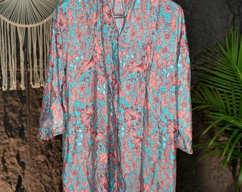 Upcycled Silk Boho Tunic Free Size Ibiza Style Turquoise Coral Floral V-Neck