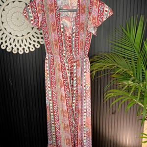 Upcycled Silk Maxi Dress Gown Free Size Ibiza Boho Ruby Red Sunset Geometric