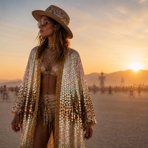 Kimono Burning Man, bata dorada con lentejuelas degradadas, atuendo para festivales, capa para fiestas rave en el desierto