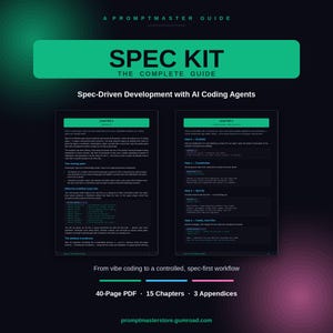 Peut inclure: Un guide num&eacute;rique intitul&eacute; Spec Kit: The Complete Guide, pr&eacute;sentant du texte sur le d&eacute;veloppement pilot&eacute; par les sp&eacute;cifications avec des agents de codage IA. Il comprend 40 pages, 15 chapitres et 3 annexes, avec des en-t&ecirc;tes verts.