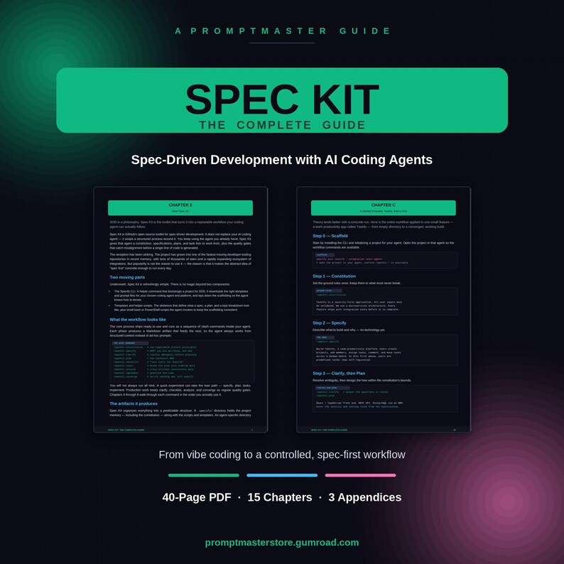 Peut inclure: Un guide num&eacute;rique intitul&eacute; Spec Kit: The Complete Guide, pr&eacute;sentant du texte sur le d&eacute;veloppement pilot&eacute; par les sp&eacute;cifications avec des agents de codage IA. Il comprend 40 pages, 15 chapitres et 3 annexes, avec des en-t&ecirc;tes verts.