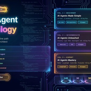 May include: A digital graphic for The AI Agent Bible Trilogy bundle, featuring three volumes: AI Agents Made Simple, AI Agents Unleashed, and AI Agents Mastery. The design uses neon blue, purple, and orange accents with technical data visualizations.