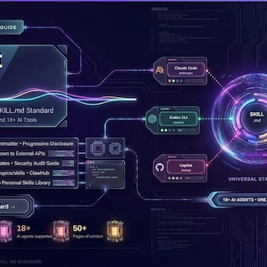 Op de afbeelding: Een digitale infographic getiteld AI Agent Skills: The Complete Guide to the SKILL.md Standard. Het bevat een centrale gloeiende bol met het label SKILL.md, verbonden met verschillende AI-tools zoals Claude Code, Cursor en Gemini CLI, met tekstlijsten.