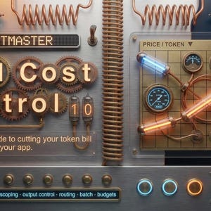 May include: A mechanical control panel featuring the text PROMPTMASTER LLM Cost Control and The builder's guide to cutting your token bill without breaking your app. The device includes copper gears, glowing vacuum tubes, gauges, and switches.