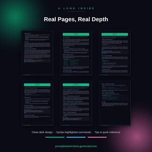 Peut inclure: Un affichage num&eacute;rique pr&eacute;sentant six pages d'un guide intitul&eacute; A Look Inside Real Pages, Real Depth. Les pages ont des fonds sombres avec du texte blanc, des en-t&ecirc;tes verts et des blocs de code. Le bas inclut le texte promptmasterstore.gumroad.com.