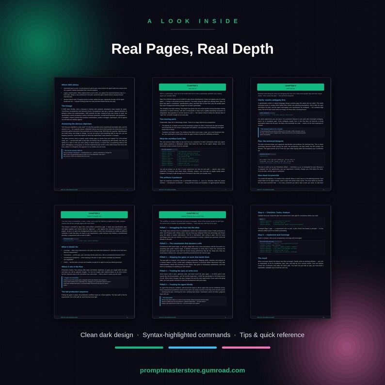 Peut inclure: Un affichage num&eacute;rique pr&eacute;sentant six pages d'un guide intitul&eacute; A Look Inside Real Pages, Real Depth. Les pages ont des fonds sombres avec du texte blanc, des en-t&ecirc;tes verts et des blocs de code. Le bas inclut le texte promptmasterstore.gumroad.com.