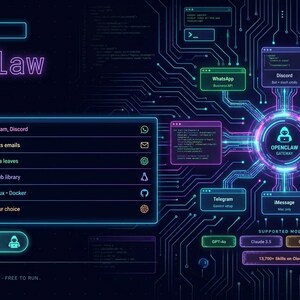 May include: A dark digital interface titled OpenClaw featuring a central glowing hub connected to various application icons like WhatsApp, Discord, and Slack. The display lists features including local Ollama integration, cross-platform compatibility, and AI model support for GPT-4o and Claude 3.5.