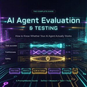 May include: A digital infographic titled AI Agent Evaluation & Testing, featuring neon blue, purple, and gold data visualizations against a dark circuit board background. It displays metrics for Task success, Faithfulness, and Safety with numerical scores.
