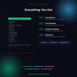 Peut inclure: Un guide num&eacute;rique intitul&eacute; Everything You Get, sur fond sombre avec des accents bleu sarcelle. Il liste 15 chapitres r&eacute;partis en trois parties et une annexe, totalisant 40 pages. Le texte d&eacute;taille les fondations, le flux de travail et les r&eacute;f&eacute;rences.