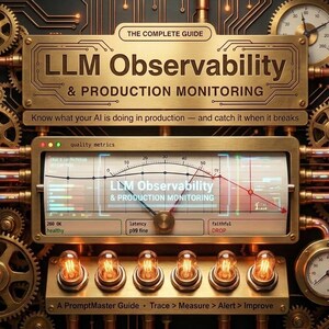 May include: A steampunk-inspired graphic featuring brass gears, copper pipes, and glowing filament bulbs. A central gauge displays "LLM Observability & Production Monitoring" with data charts. Text includes "THE COMPLETE GUIDE" and "A PromptMaster Guide".