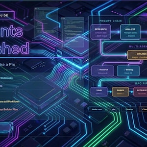 May include: A digital infographic titled AI Agents Unleashed, Vol. 2 - Intermediate Guide, featuring a neon circuit board background. It displays a prompt chain, multi-agent system, and RAG pipeline flow chart with various text labels and nodes.