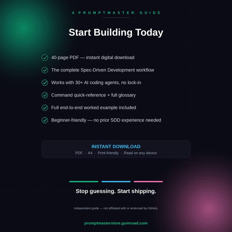 Peut inclure: Un guide num&eacute;rique intitul&eacute; A Promptmaster Guide: Start Building Today. Il liste des fonctionnalit&eacute;s dont un PDF de 40 pages, un flux de travail de d&eacute;veloppement, la compatibilit&eacute; IA, un glossaire et des exemples. Inclut un bouton de t&eacute;l&eacute;chargement et le texte: Stop guessing. Start shipping.