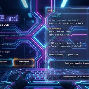Könnte beinhalten: Eine digitale Benutzeroberfläche mit dem CLAUDE.md Konfigurationsleitfaden, verziert mit neonblauen und violetten Schaltkreisgrafiken. Der Bildschirm zeigt Projektbefehle, Kapitel und einen 30-Tage-Plan über einer Tastatur mit leuchtenden Akzenten.