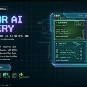May include: A digital guide titled Cursor AI Mastery featuring a dark background with neon blue and purple text. It outlines features like Cursor Tab, Chat, Composer, and Agent Mode, alongside a 30-day mastery plan and various technical statistics.