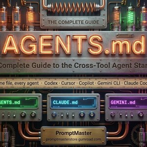 May include: A complex electronic circuit board graphic featuring the text AGENTS.md, The Complete Guide to the Cross-Tool Agent Standard, and various labels including CLAUDE.md and GEMINI.md, illuminated by glowing vacuum tubes and copper wiring.