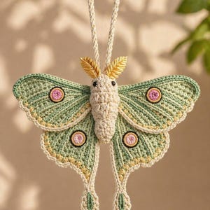 May include: Handmade crochet moth ornament. The moth features green wings with pink and black circles, cream-colored body, and gold antennae. A cream-colored loop is attached for hanging. A unique, decorative item.