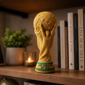 Puede incluir: Una réplica de ganchillo en color amarillo dorado del trofeo de la Copa Mundial de la FIFA que presenta una figura humana estilizada sosteniendo un globo terráqueo. La base tiene una banda verde y el texto bordado FIFA WORLD CUP 18K GOLD.
