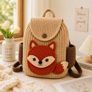 Puede incluir: Una mochila de ganchillo beige con cierre de solapa y botón marrón. La parte delantera presenta una aplicación de cara de zorro roja y crema. Tiene dos bolsillos laterales y correas marrones. La mochila está sobre una superficie blanca.