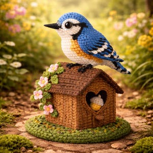 May include: A handcrafted crochet blue jay bird perched atop a brown birdhouse with a heart-shaped opening. The birdhouse is adorned with pink flowers and green leaves. The bird has black feet and a black beak. The birdhouse sits on a green circular base.