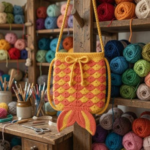 May include: A yellow and orange crocheted bag featuring a textured scale pattern, a drawstring closure with a bow, and a decorative tail at the bottom. The bag has a long braided strap and is displayed hanging against a wooden structure.