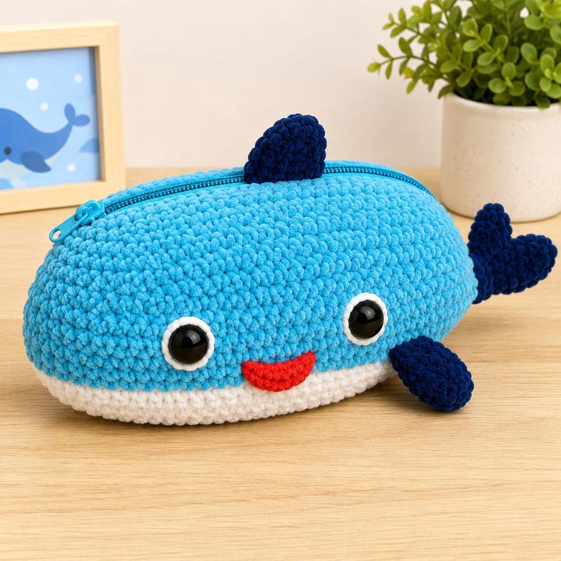 Whale Zipper Pencil Case crochet pattern listing photo by MinHannahArtsCratfs