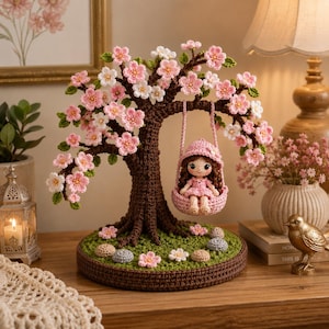 May include: A crochet tree with pink and white flowers, a brown trunk, and a green base. A small doll in a pink dress and hat sits in a swing. Decorative stones and flowers are scattered around the base. The tree is a charming decorative item.