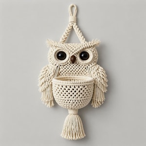 Op de afbeelding: Crèmekleurige macramé uil wandhanger met een mandje voor opslag. De uil heeft grote zwarte ogen, een houten snavel en gefranjerde vleugels. Onder de mand hangt een kwast. De uil hangt aan een gevlochten lus.