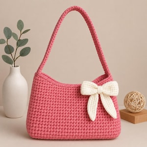 Rosa Schleife Schultertasche Muster PDF, Niedliches Häkelanleitung, süßes Häkelmuster, Anleitung für eine große Tragetasche, digitaler Download