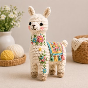 May include: A cream-colored crochet llama with a floral design on its neck and back. The llama has black eyes, pink cheeks, and a colorful blanket with tassels. The handmade stuffed animal is a decorative item.