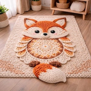 May include: A crocheted fox rug with a matching tail. The rug features a detailed fox face with large black eyes, orange and cream-colored fur, and a cream-colored body. The tail is detached and rests on the floor. The rug is beige.