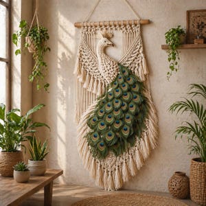 Może przedstawiać: Makrama ścienna z motywem pawia. Paw ma kremowy korpus i wachlarz zielono-niebieskich piór. Makrama wykonana jest z kremowego sznurka i posiada drewniany drążek na górze.