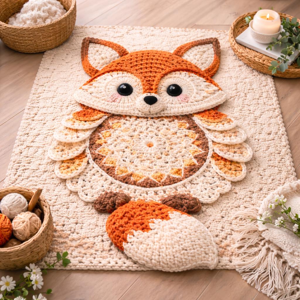Elol Pattern Crochet Fox Mandala Rug Pattern PDF Large Animal Blanket Rug Woodland ...