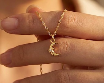 Gold Plated Minimalist Moon Star Pave Necklace, Crescent Jewelry, Celestial Necklace, Tiny Moon Necklace, Pendant Necklace,Mother's Day Gift