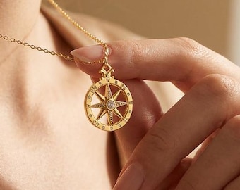Gold Plated Coin Compass Pave Necklace, Compass Pendant Necklace, North Star Compas Necklace, Travel Lovers Gift,Everyday,Mother's Day Gift