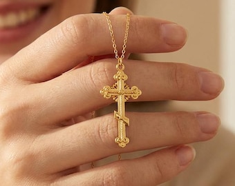 Orthodox Cross Necklace,Russian Orthodox Cross Necklace,Gold Cross Necklace,Christian Necklace, Religious Jewelry,Baptism Gift,Mother's Day