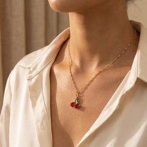 Gold Plated Tiny Cherry Pave Necklace,Cute Cherry Necklace,Fruit Necklace,Cherry Jewelry,Christmas Gift, Everyday Necklace,Mother's Day Gift