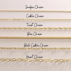 May include: A selection of gold-colored chain necklaces, including Snake Chain, Cable Chain, Twist Chain, Box Chain, Ball Cable Chain, and Heart Chain. Each chain style is labeled with elegant cursive text.